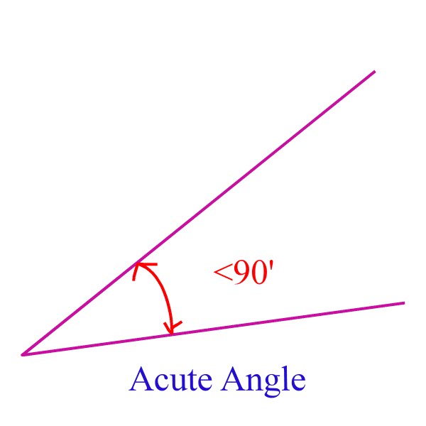 Acute Angle: Any angle measuring less than 90 Degrees.